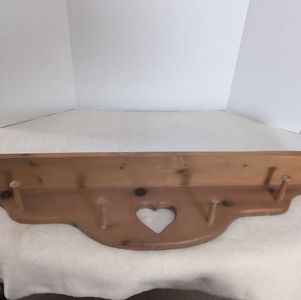 Vintage Wood Shelf With Heart Cut OutWall Shelf With 4 Pegs - 35” - Picture 4 of 7